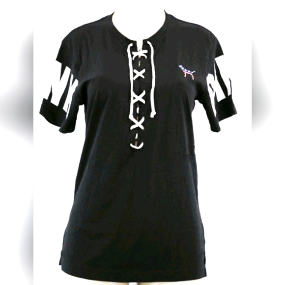 VICTORIA'S SECRET PINK TEE SHIRT CRISS CROSS TIE BLACK AND WHITE SIZE XSMALL - Picture 1 of 4